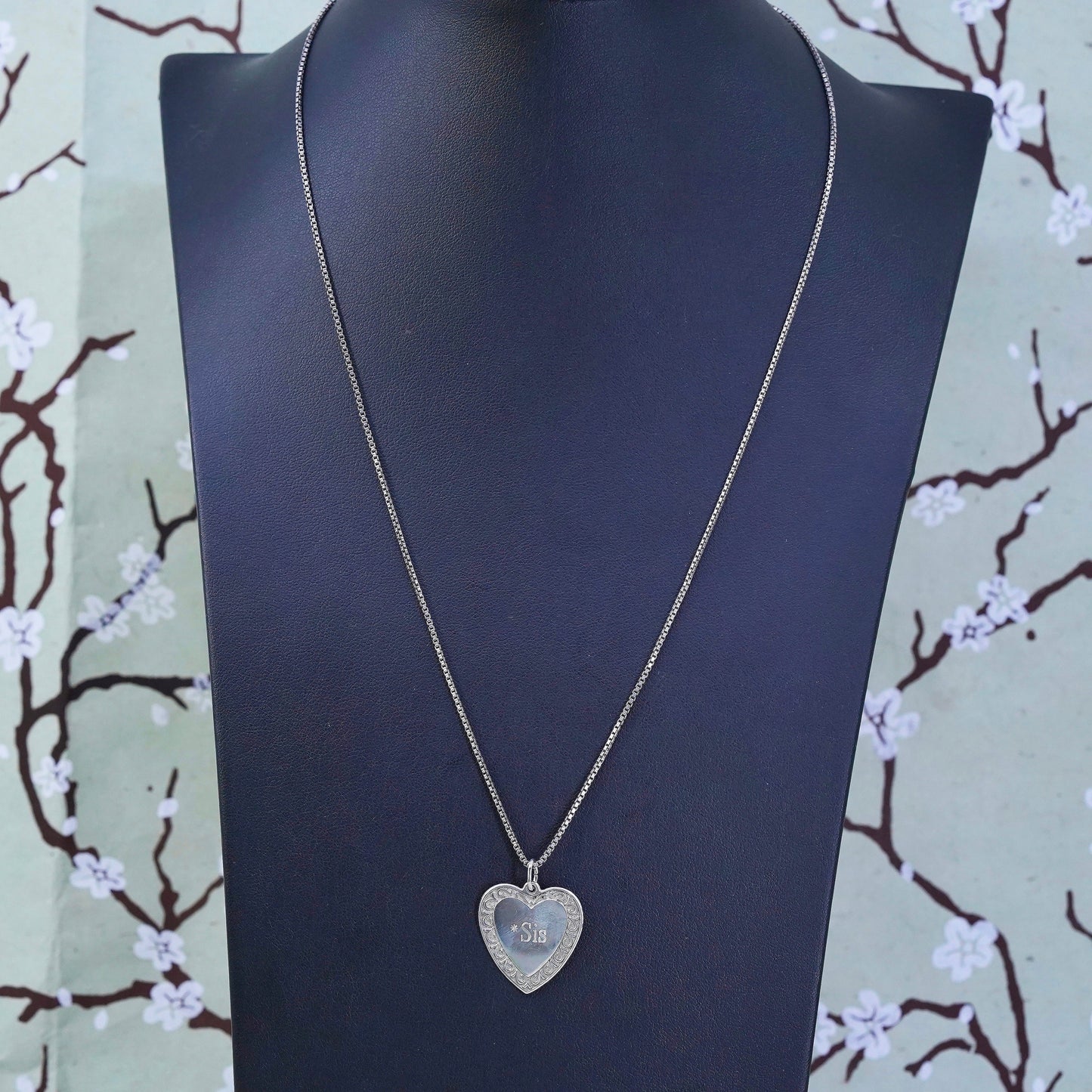 20”, sterling silver box chain necklace heart pendant engraved “sis love dick”