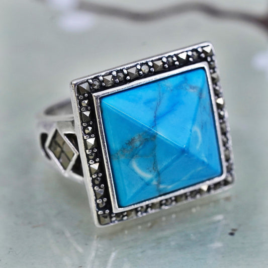 Size 7, sterling silver Native American 925 ring w/ pyramid turquoise marcasite