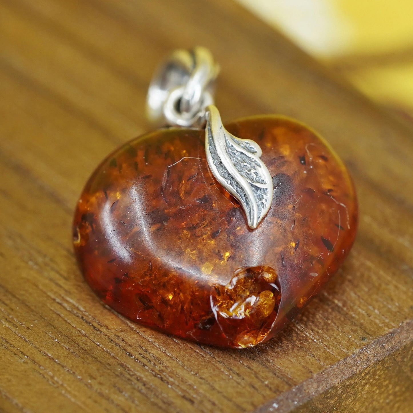 Vintage Sterling 925 silver handmade pendant with heart Amber