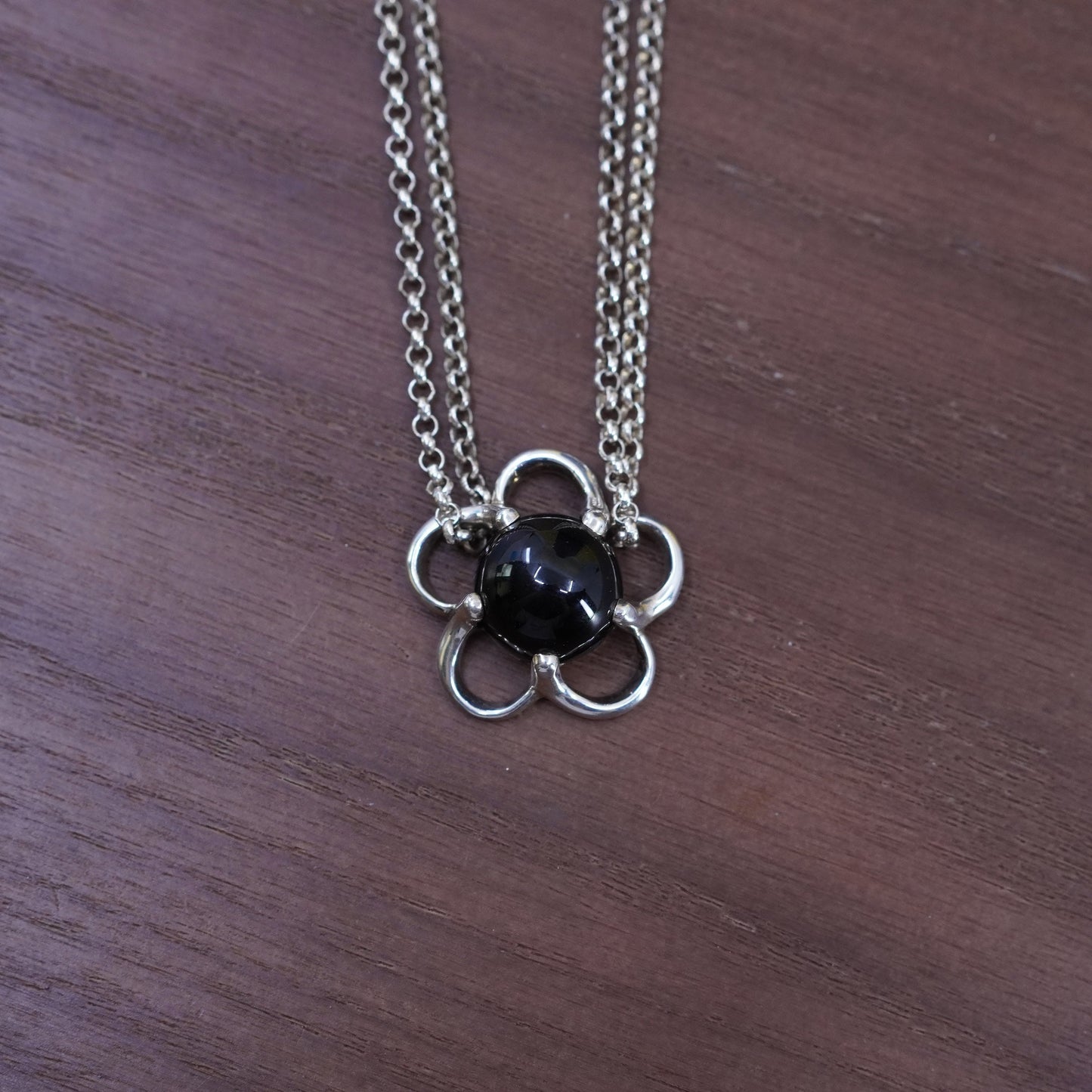 24”, sterling silver necklace, 925 double circle chain onyx flower pendant