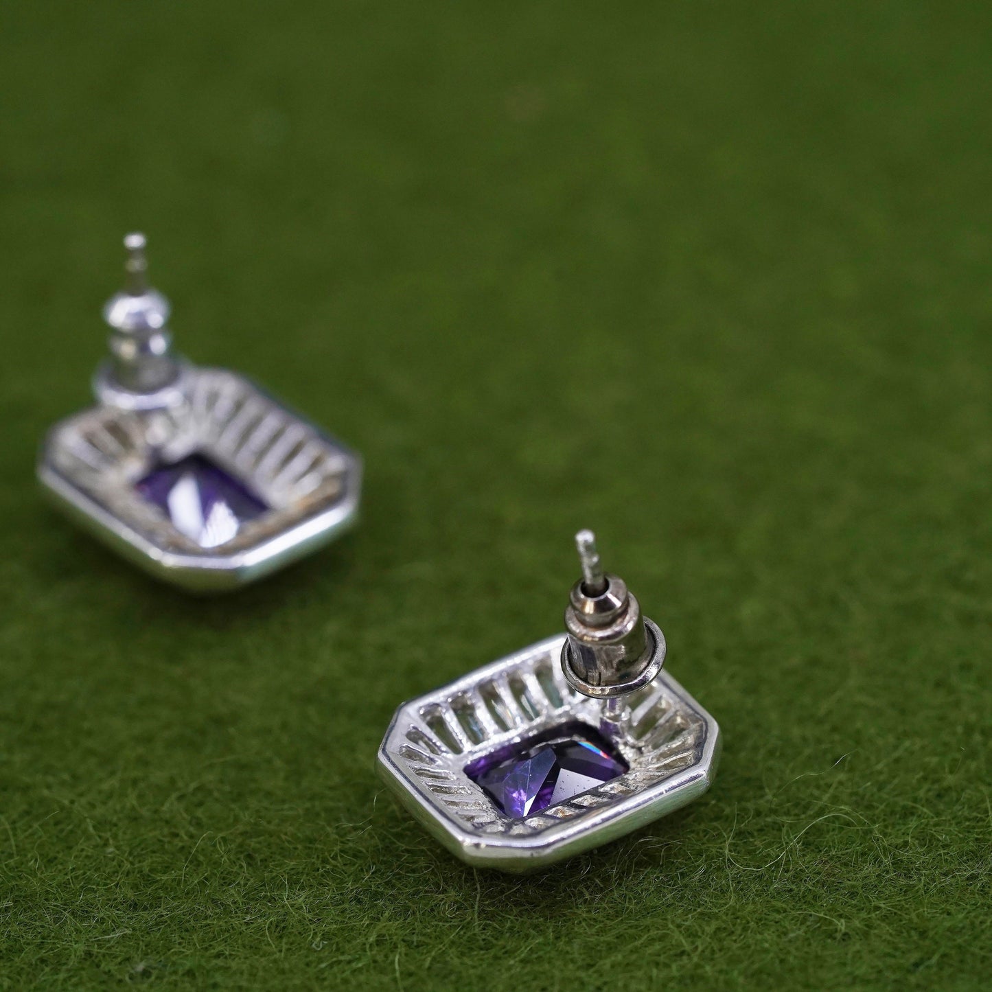 Vintage sterling silver earrings, 925 studs with emerald cut amethyst and cz