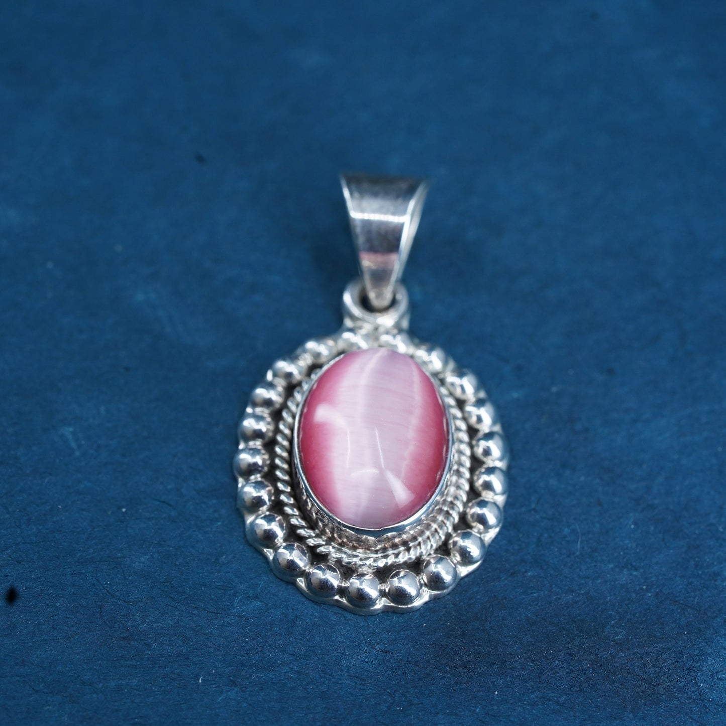 Mexican Sterling silver pendant, 925 beaded charm with oval pink cat eye