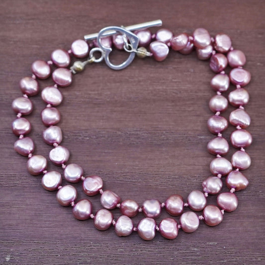 16”, Sterling silver handmade necklace, 925 heart clasp 7mm pink pearl beads