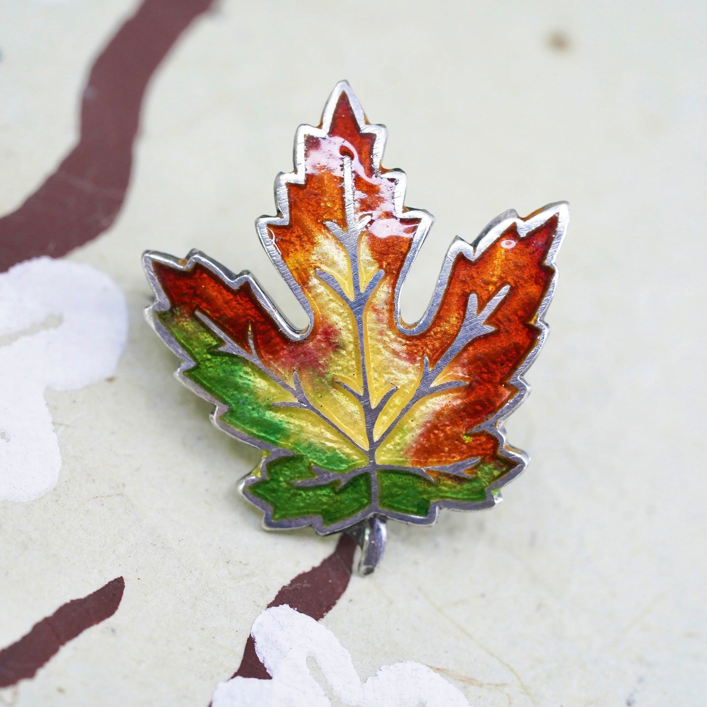 Vintage Sterling silver handmade brooch, 925 enamel maple leaf pin