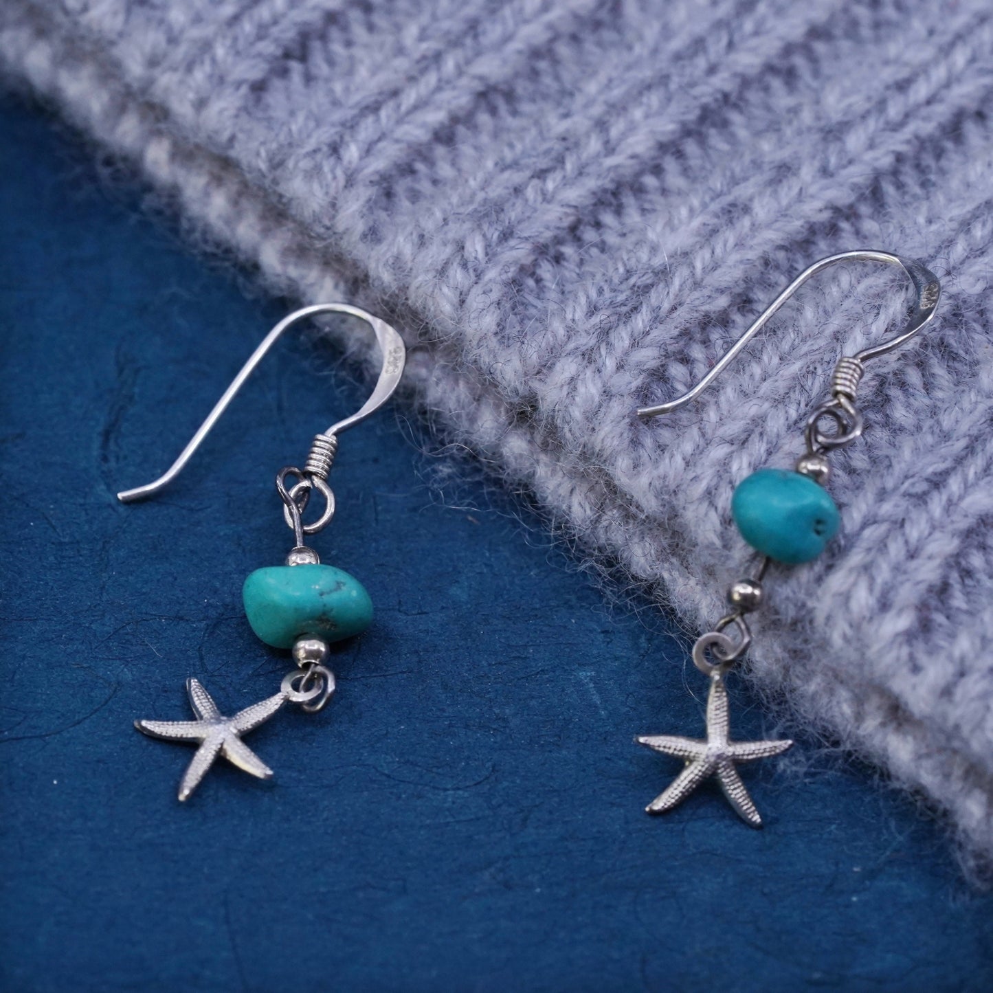 Vintage sterling 925 silver handmade earrings with turquoise beads and star