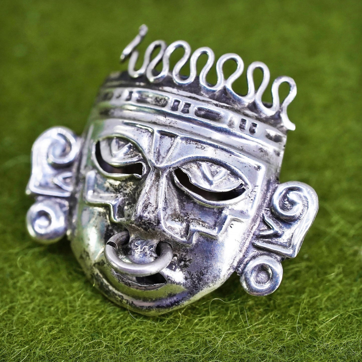 Mexican Mayan Sterling silver handmade pin, 925 Ancient warrior face pendant