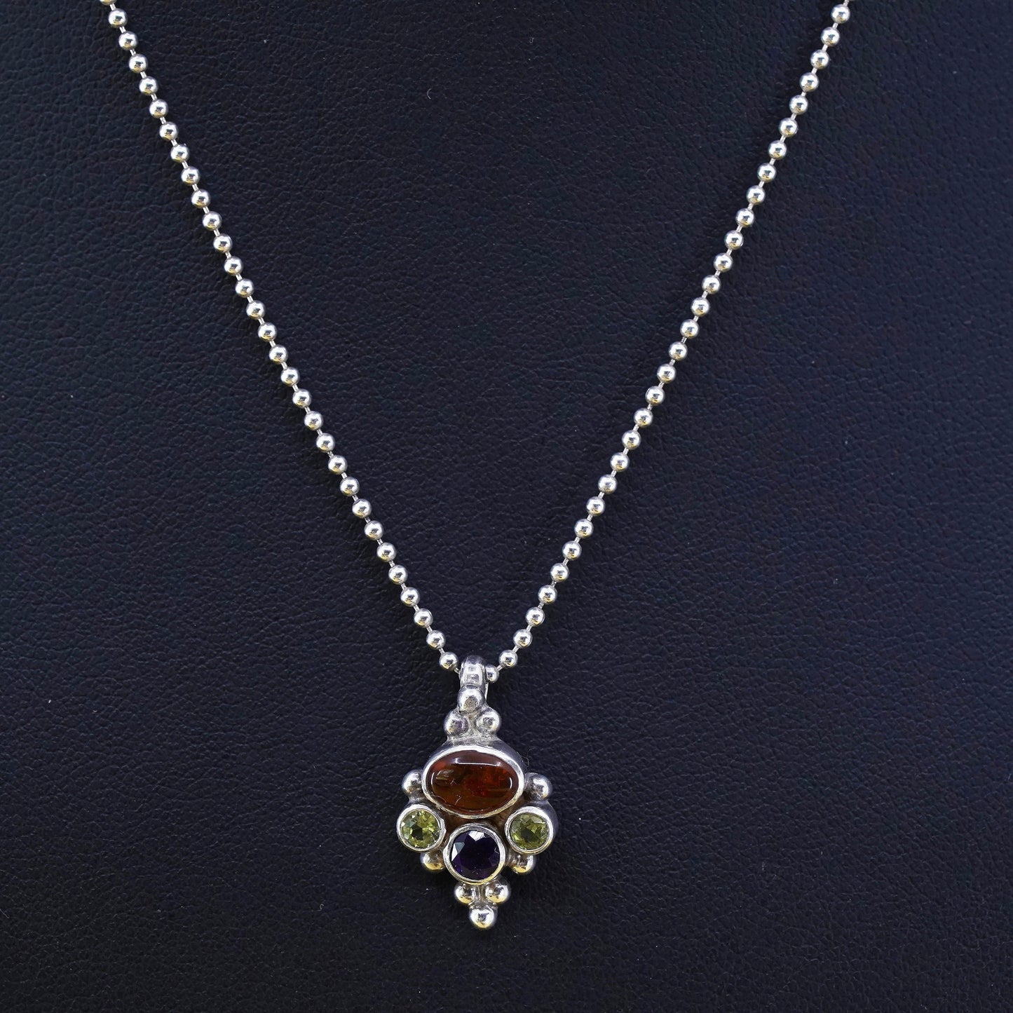 16", Sterling silver necklace, Italy 925 bead chain with carnelian pendant