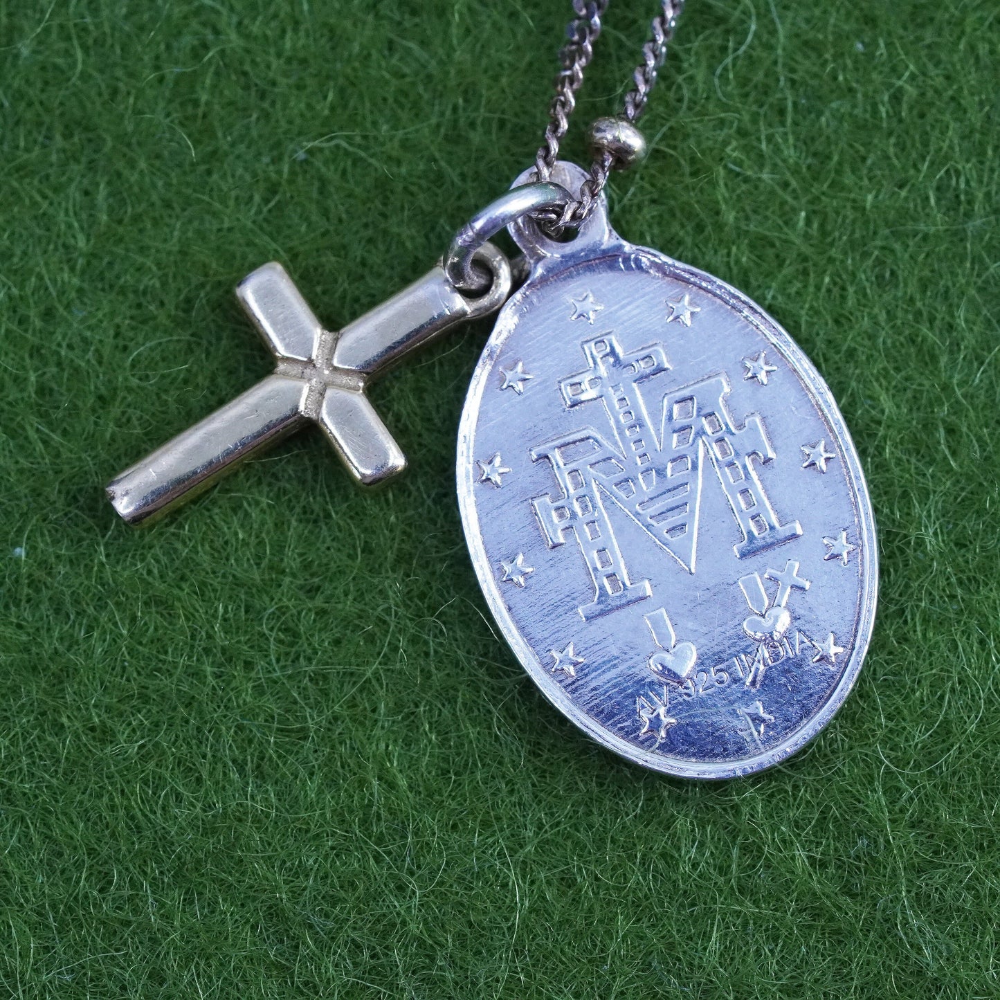 two tone sterling silver 925 cross Jesus tag charm pendant bead chain necklace