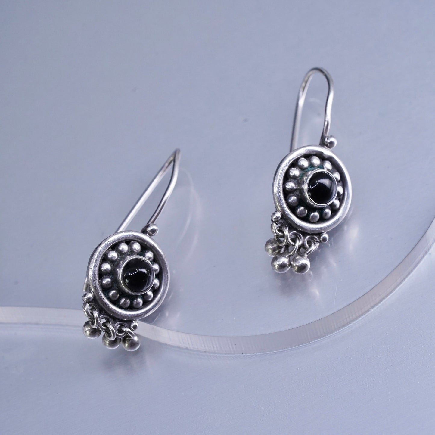 Vintage Sterling 925 silver circle earrings with onyx and beads