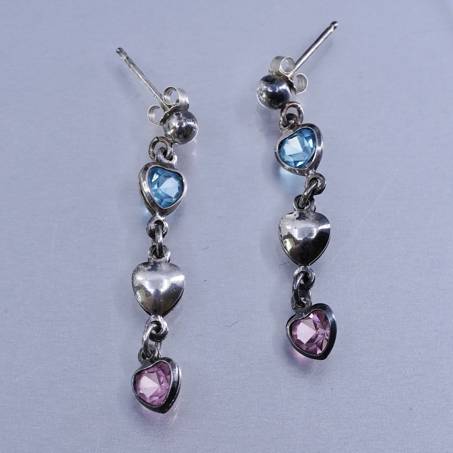 Vintage Sterling 925 silver earrings with amethyst heart dangles