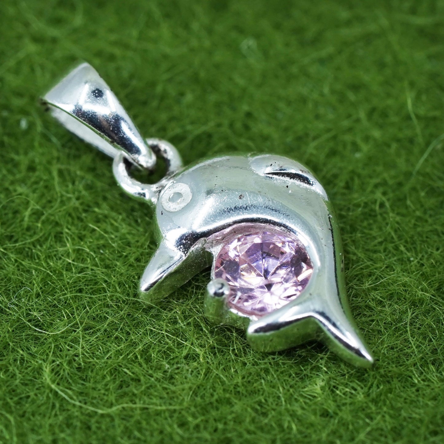 Vintage sterling silver dolphin pendant with pink crystal, 925 charm