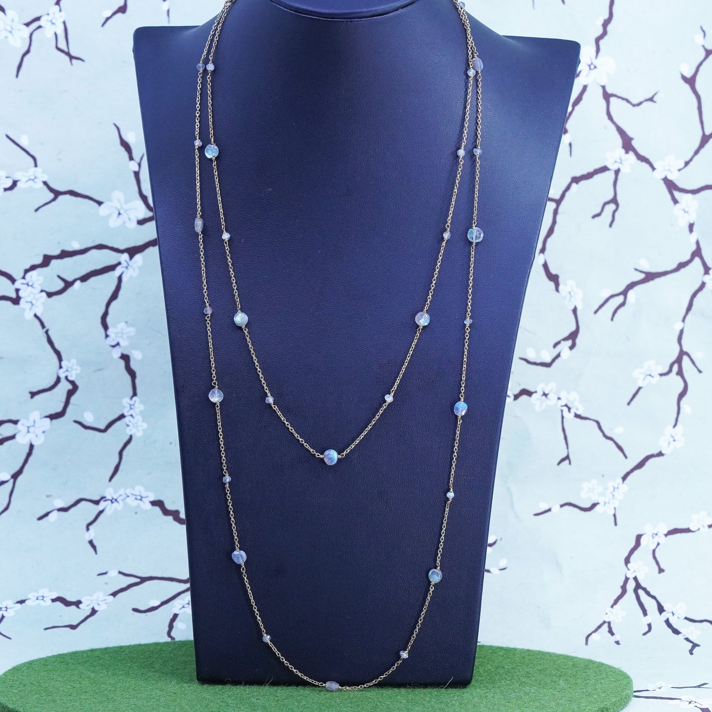 48", vermeil gold Sterling 925 silver extra long necklace, labradorite beads