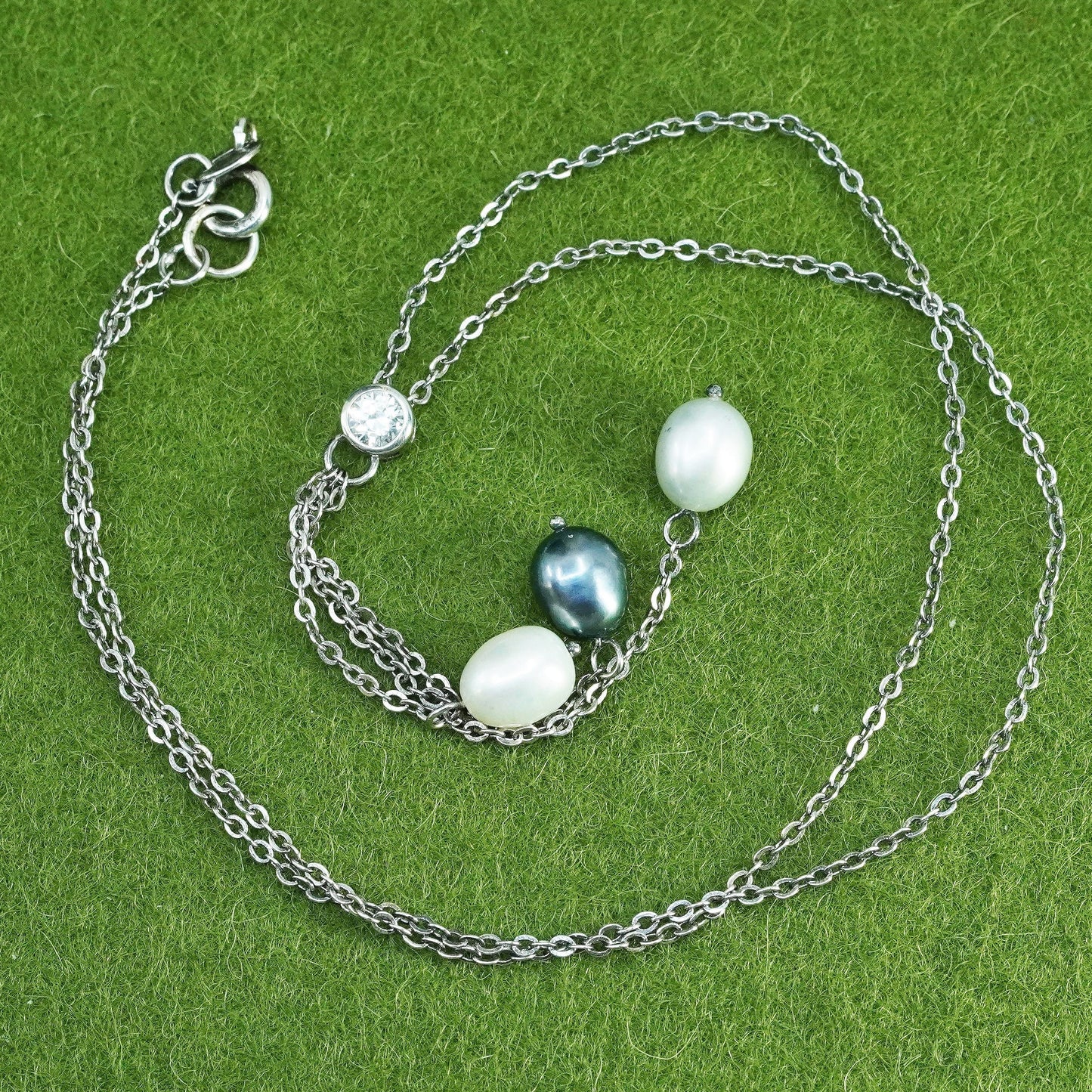 16”, sterling 925 silver handmade necklace, circle chain with pearl pendants