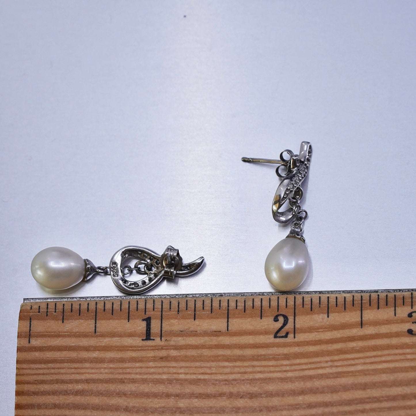 Vintage Sterling 925 silver handmade earrings with teardrop pearl and Cz