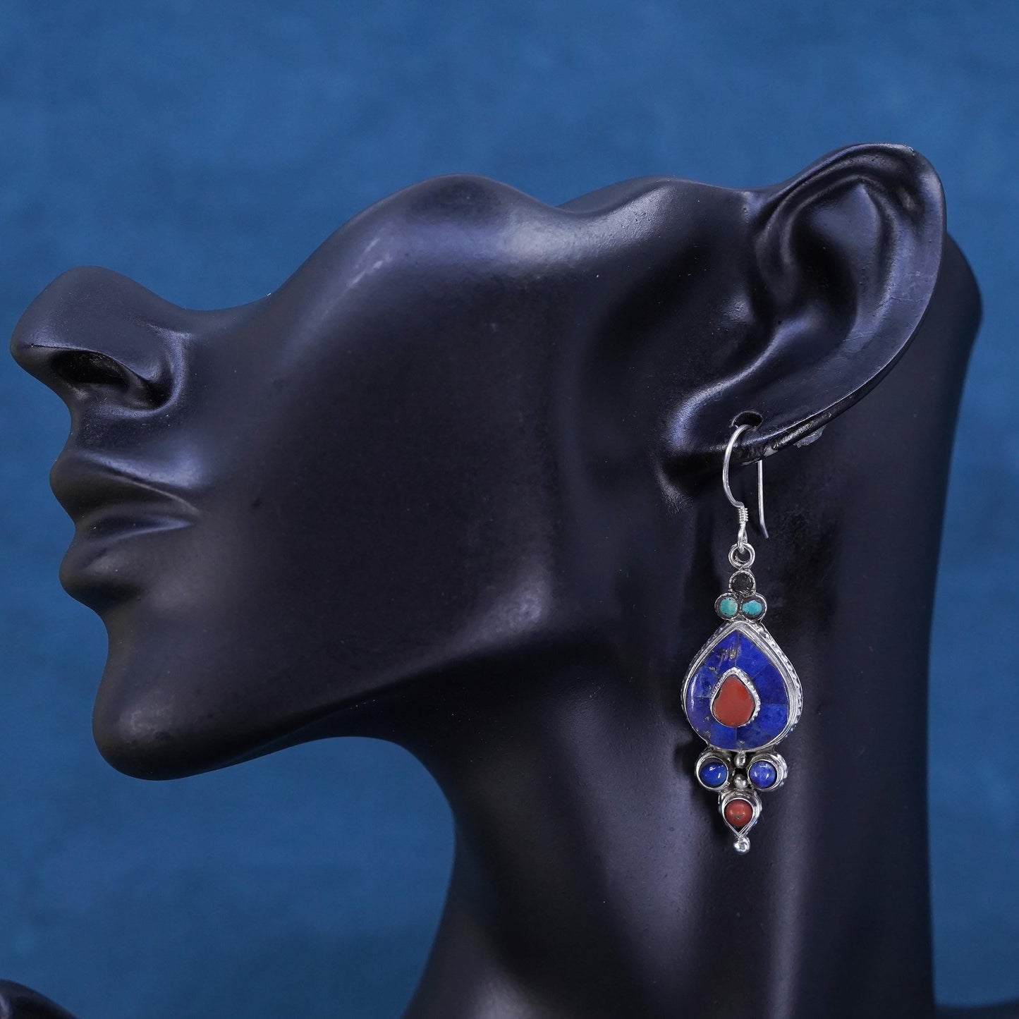 Native American Sterling 925 silver teardrop earrings turquoise coral lapis