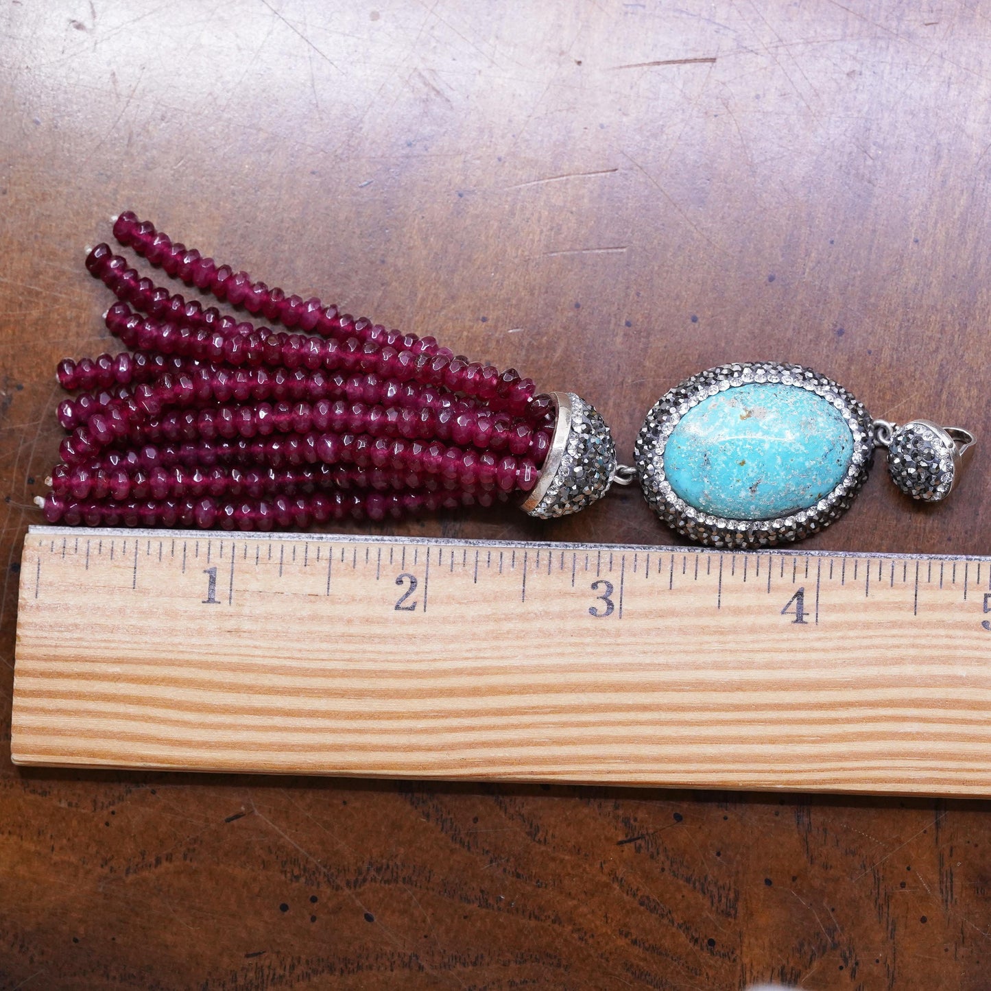 southwestern sterling 925 silver huge pendant turquoise garnet bead fringe, cz