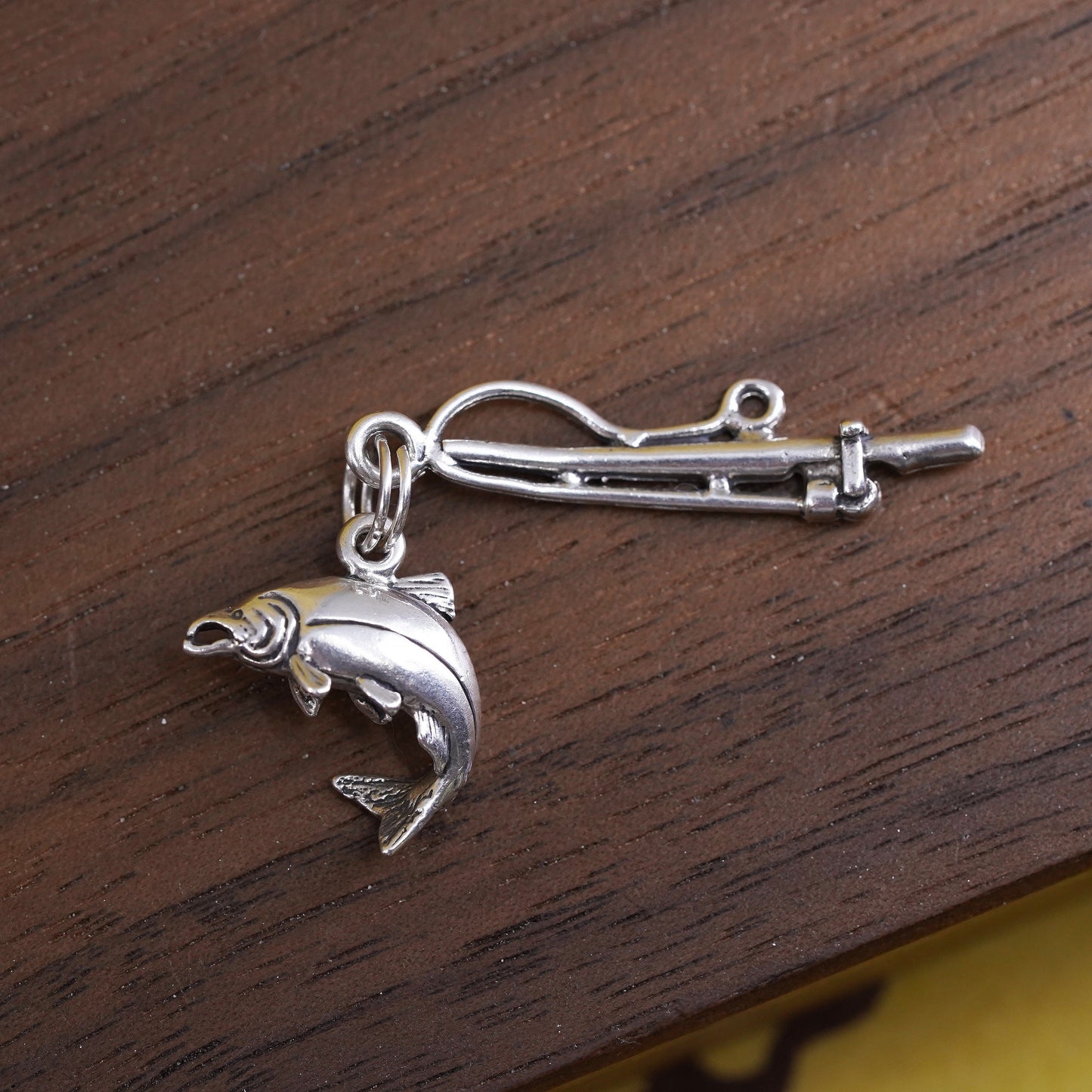 Vintage sterling silver handmade pendant, 925 salmon fishing charm