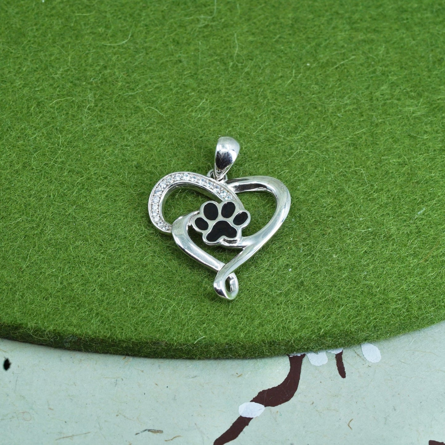 Vintage Sterling silver handmade pendant, 925 heart with black paw and cz