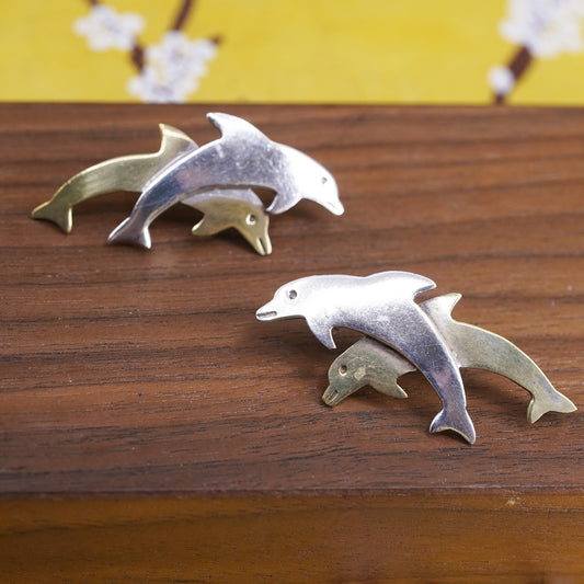 Mexican two tone Sterling silver handmade earrings, 925 brass dolphins studs