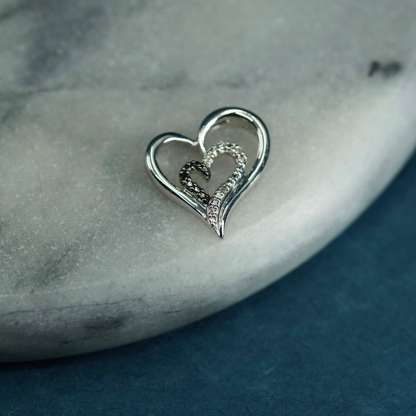 Vintage Sterling silver handmade pendant, 925 heart with genuine diamond center