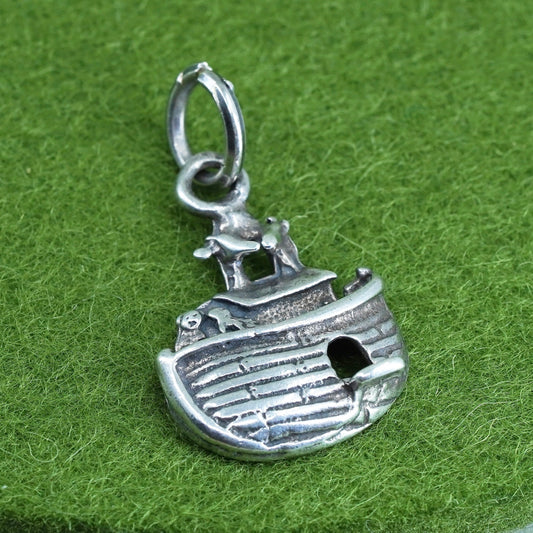 sterling silver handmade pendant, 925 Noah’s Ark boat charm with zebra elephant