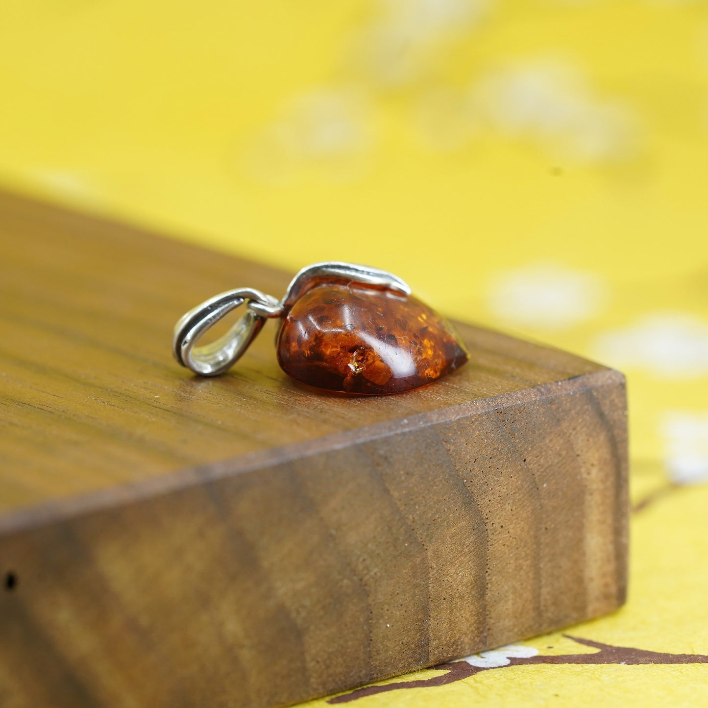 Vintage Sterling 925 silver handmade pendant with heart Amber