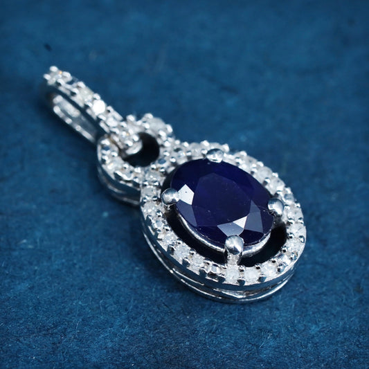 Vintage Sterling silver pendant, 925 oval with genuine sapphire and diamond