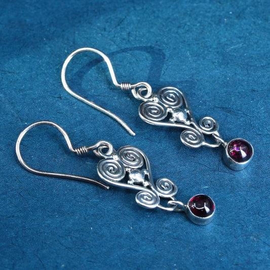 Vintage Sterling Silver handmade Earrings. 925 swirl dangles with garnet