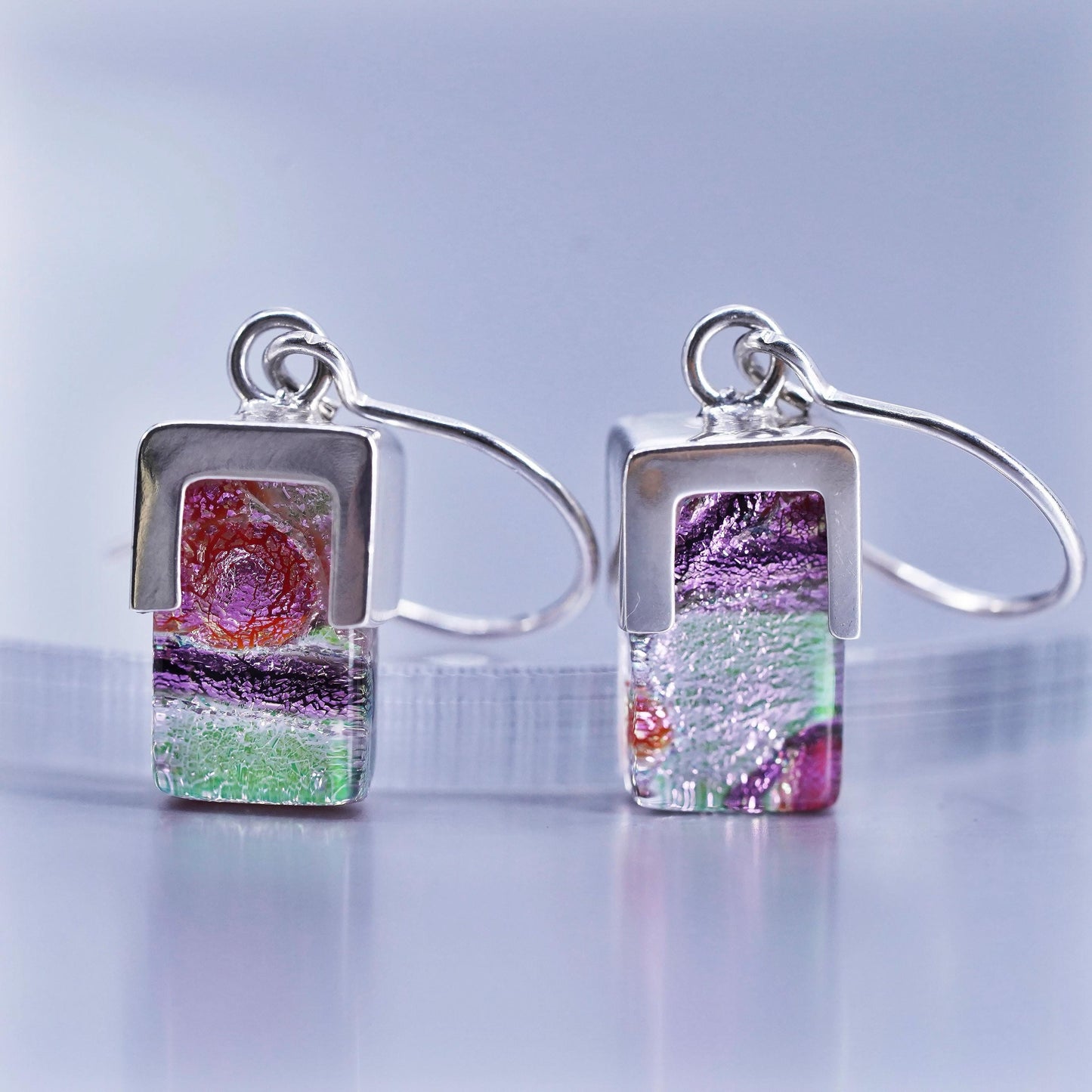 Vintage RG Sterling 925 silver handmade earrings with pink Dichroic Glass