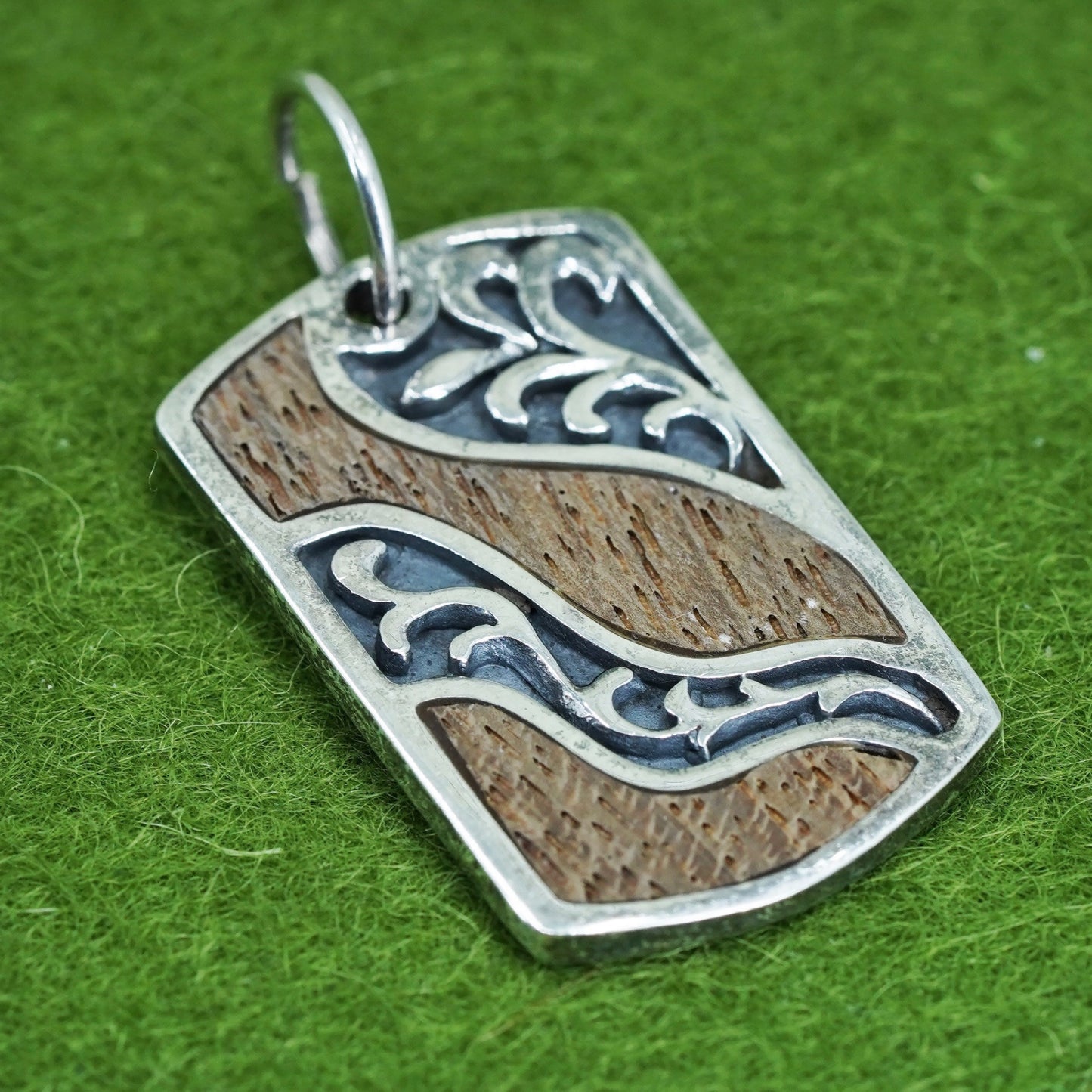 Vintage Sterling silver handmade pendant, 925 tag with wood inlay