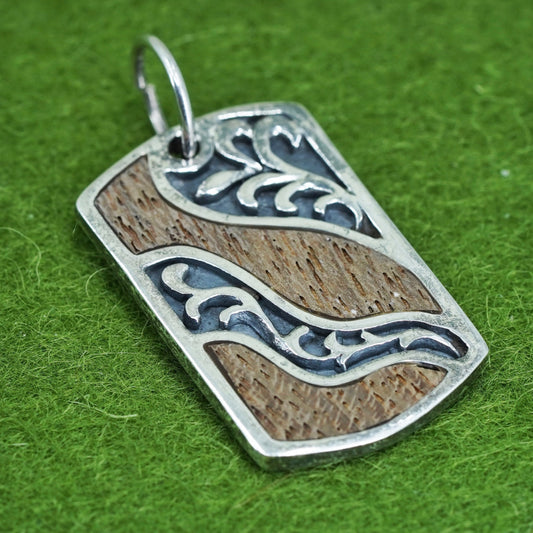 Vintage Sterling silver handmade pendant, 925 tag with wood inlay