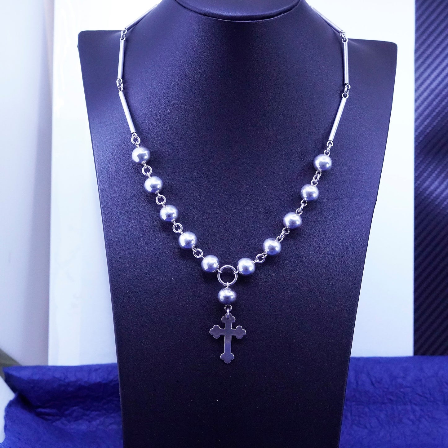 17”, vtg Sterling silver handmade necklace, 925 long bar chain cross pendant