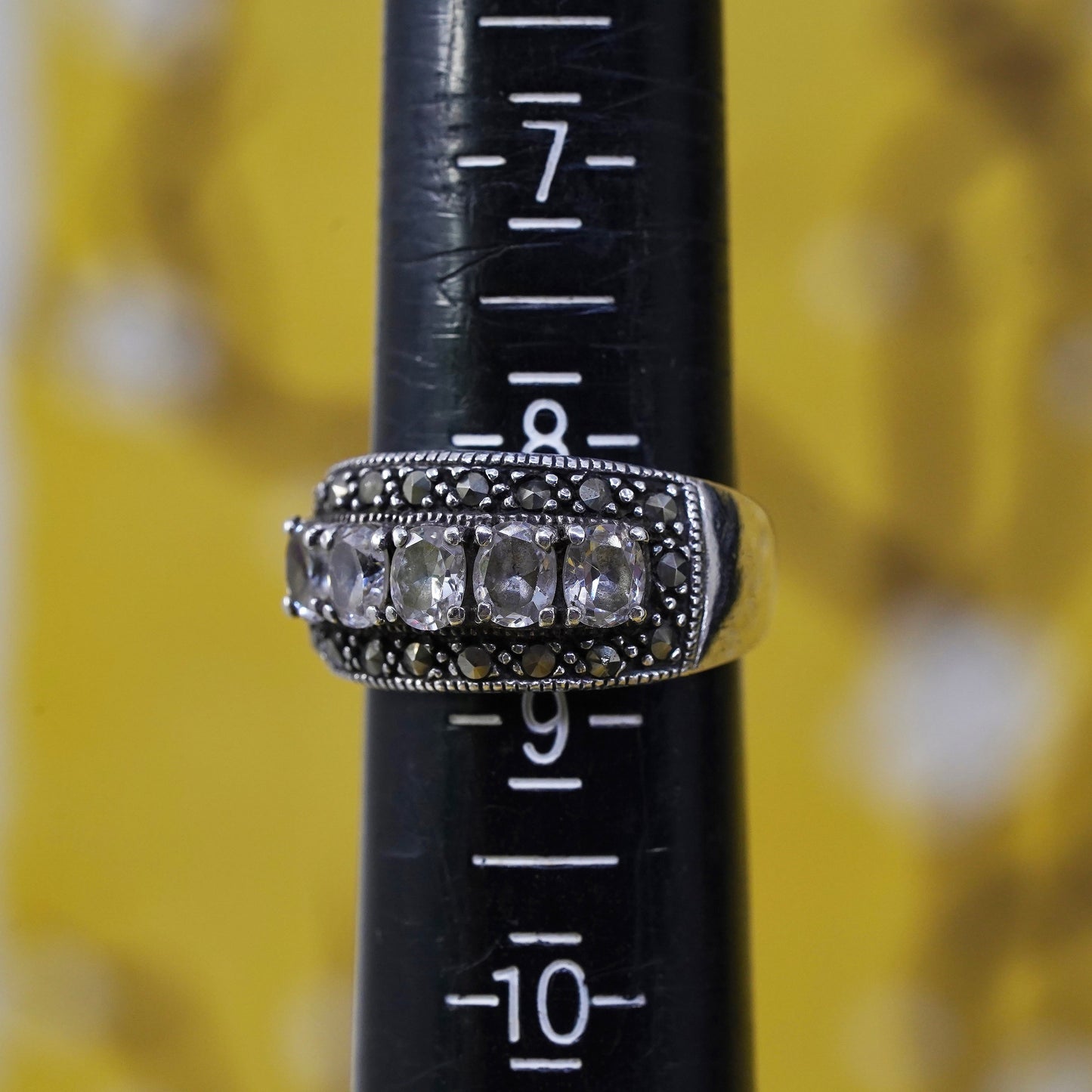 Size 8.25 vintage Sterling silver ring with cluster marcasite and cz, 925 band
