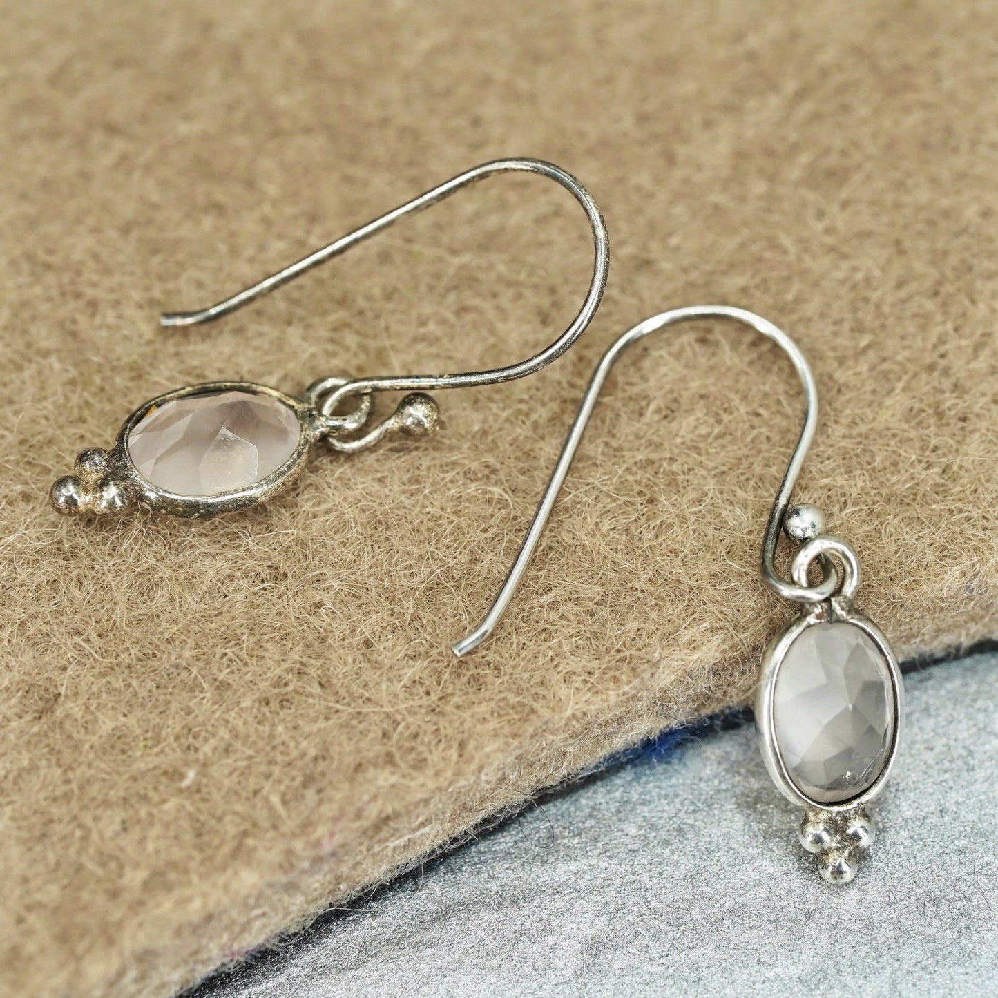 Vintage Sterling 925 silver handmade oval earrings with pale pink quartz