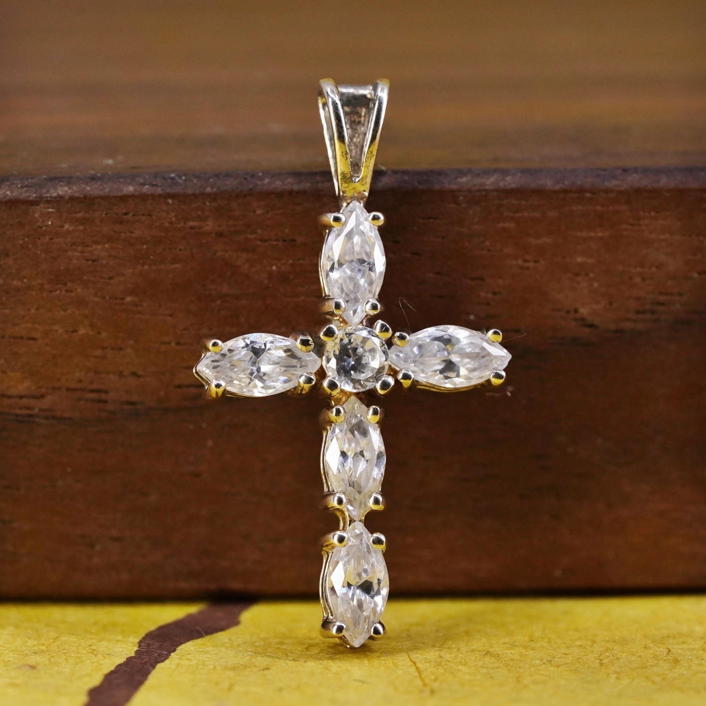 Vintage vermeil gold over Sterling silver handmade pendant, 925 cross with Cz