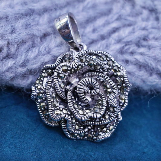 Vintage Sterling 925 silver handmade flower pendant with marcasite