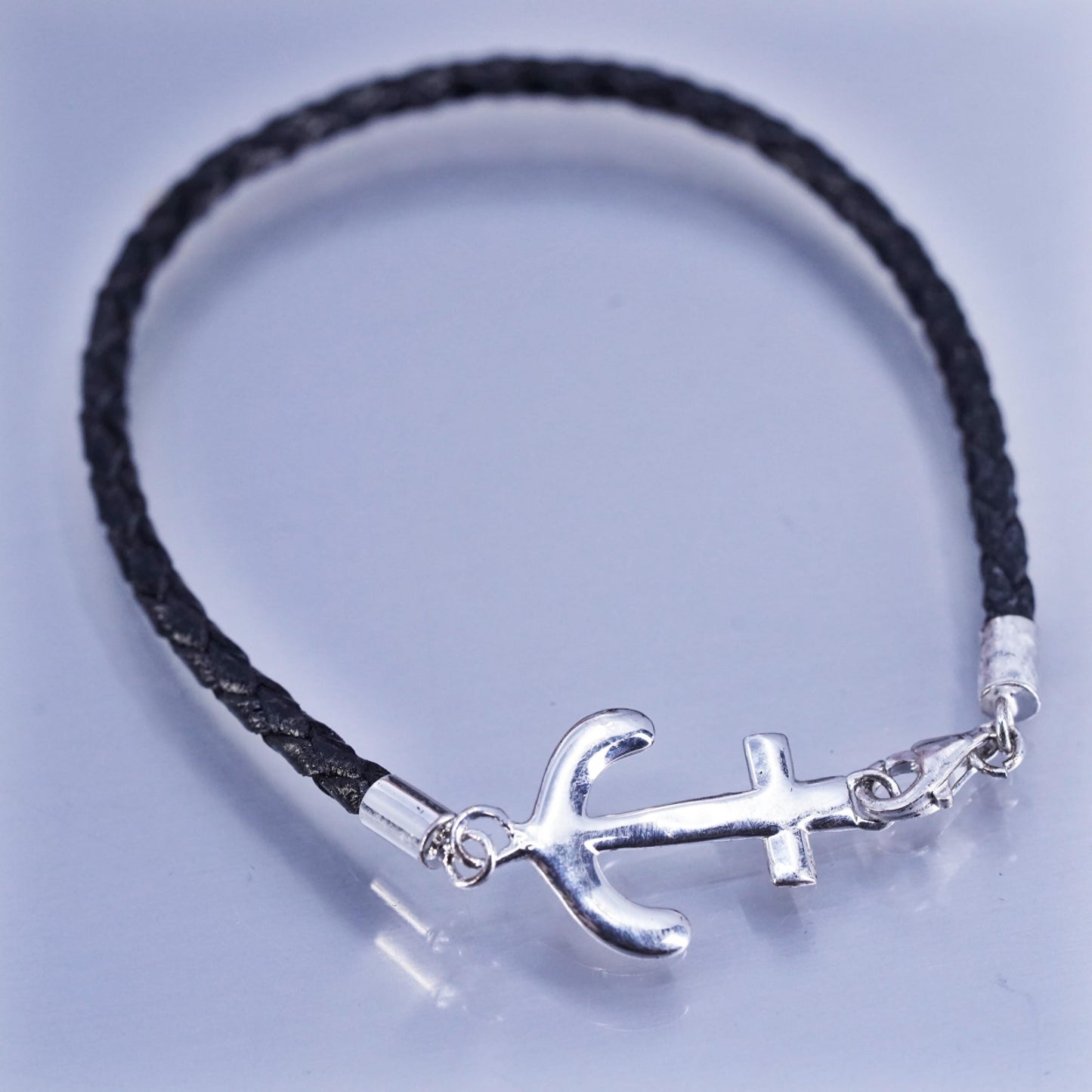 7”, vintage sterling 925 silver handmade woven leather bracelet w/ anchor charm