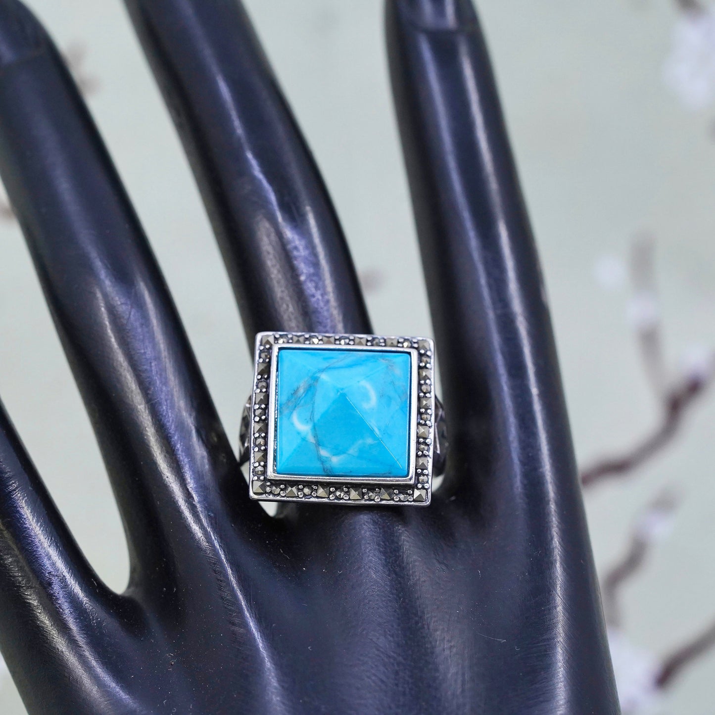 Size 7, sterling silver Native American 925 ring w/ pyramid turquoise marcasite