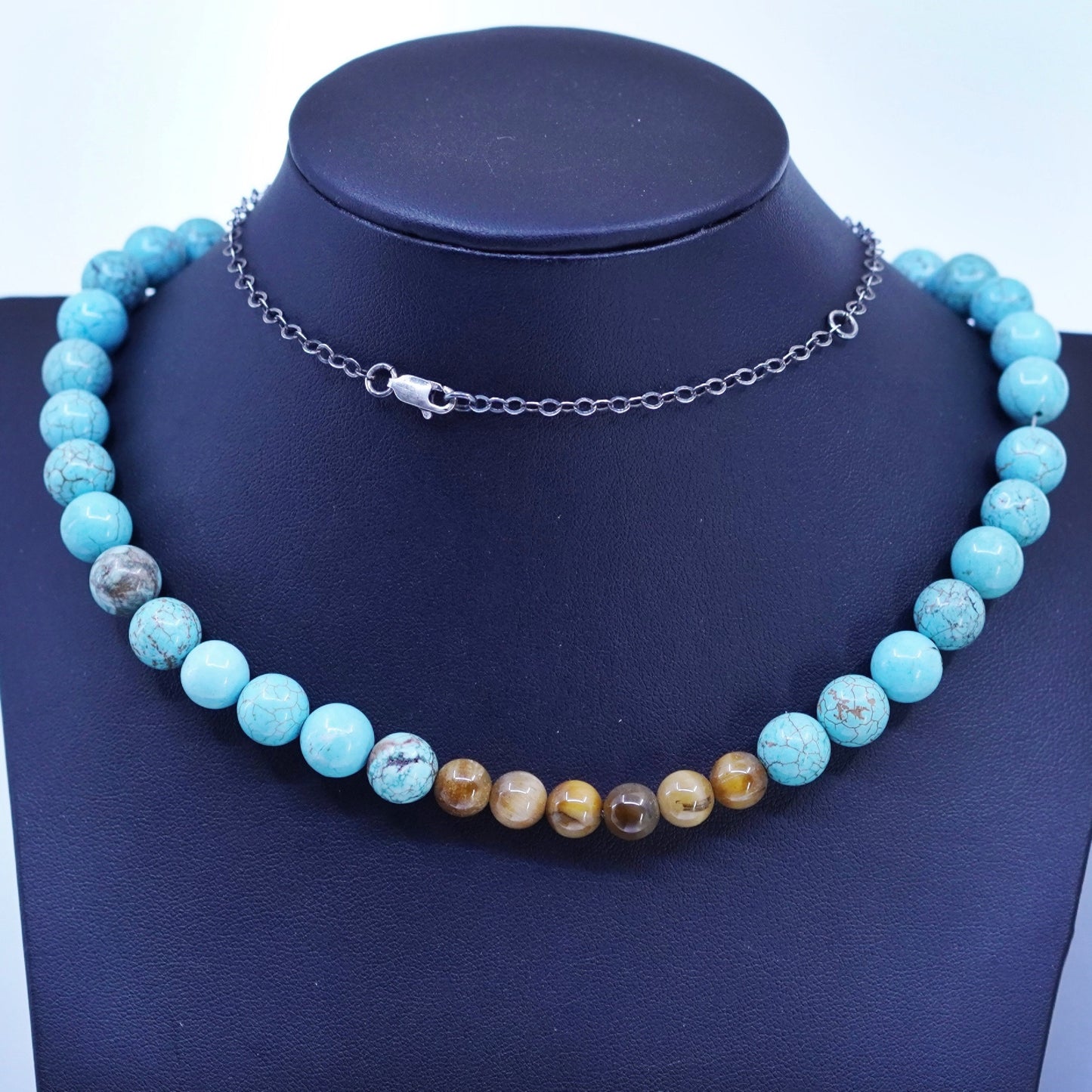 26”, Sterling 925 silver handmade necklace turquoise and golden tiger eye beads