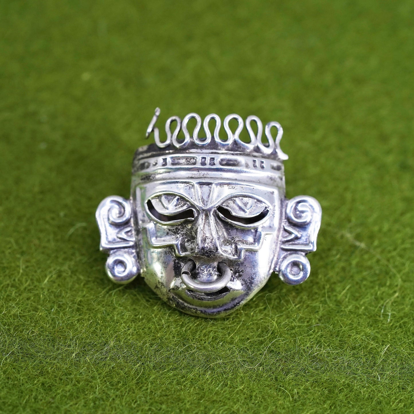 Mexican Mayan Sterling silver handmade pin, 925 Ancient warrior face pendant