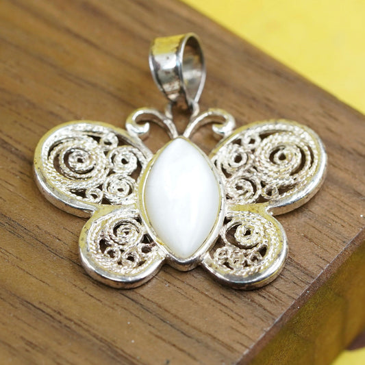 Vintage Sterling 925 silver handmade pendant, filigree butterfly with moonstone