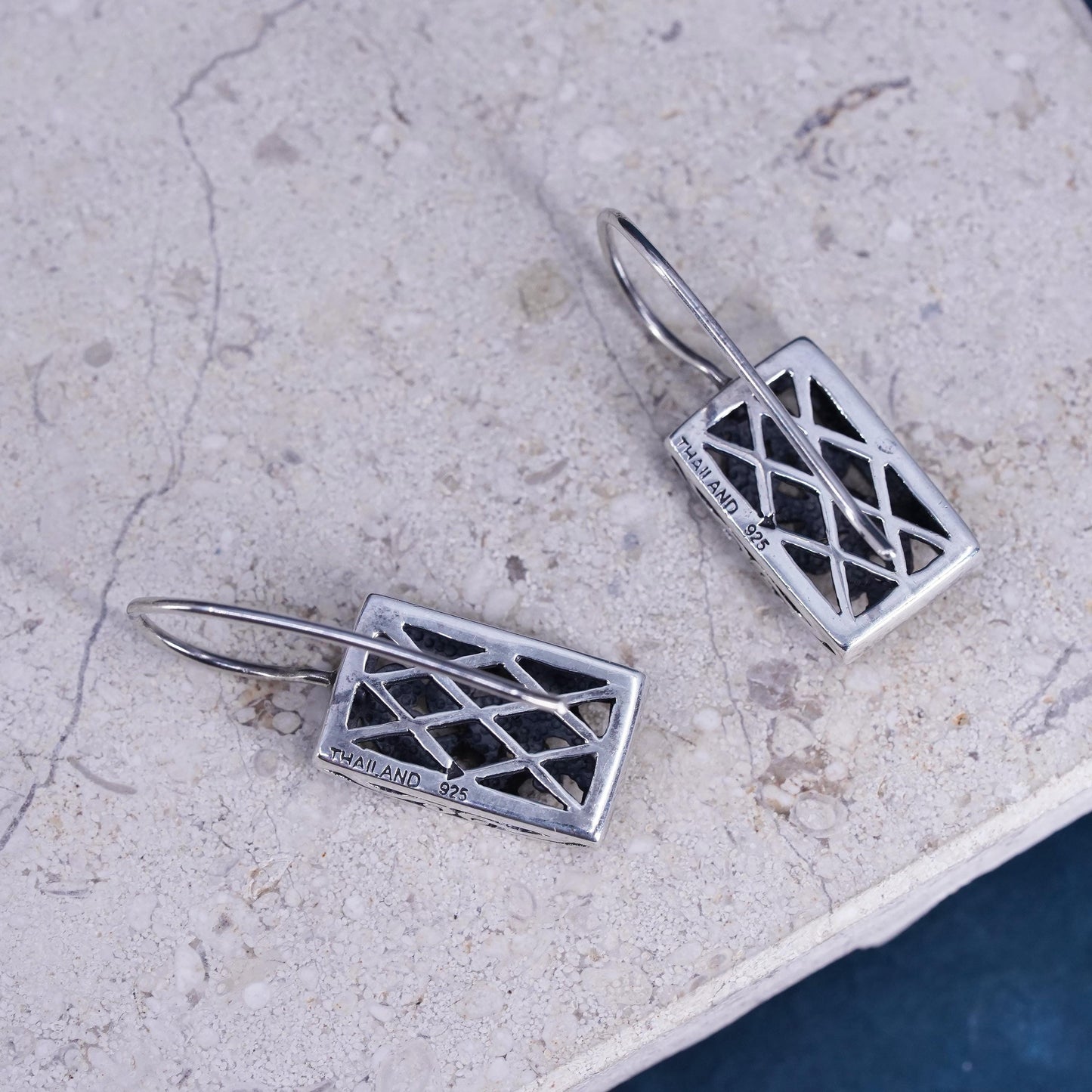 Vintage sterling silver handmade earrings, 925 filigree rectangle drops