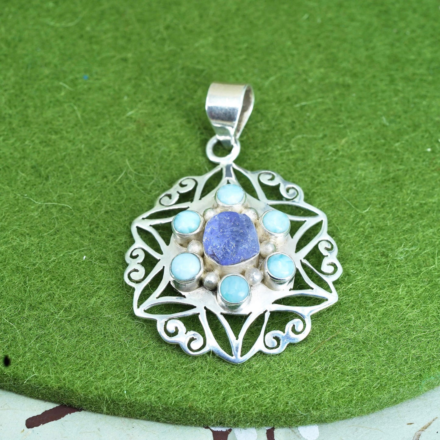 sterling silver handmade snowflake pendant, with blue druzy stone and Larimar