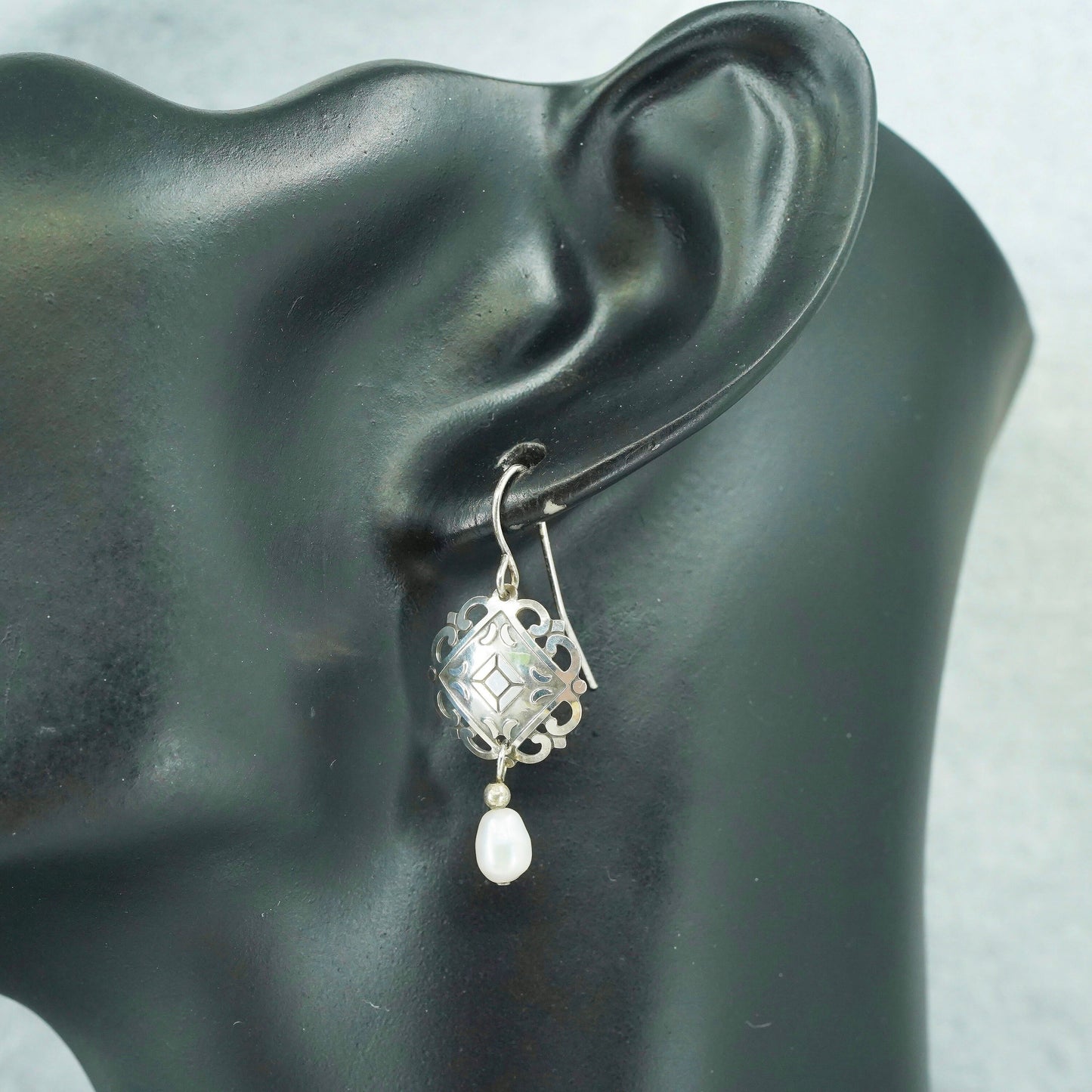 Vintage Sterling 925 silver handmade filigree earrings with pearl