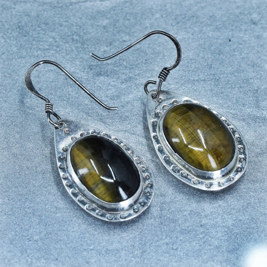 Vintage Sterling 925 silver handmade earrings with oval golden tiger eye