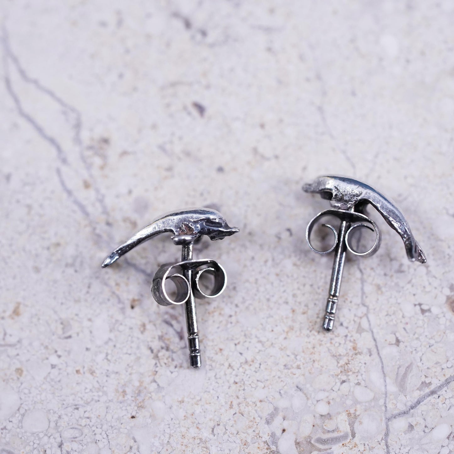 Vintage Sterling silver handmade earrings, 925 dolphin studs