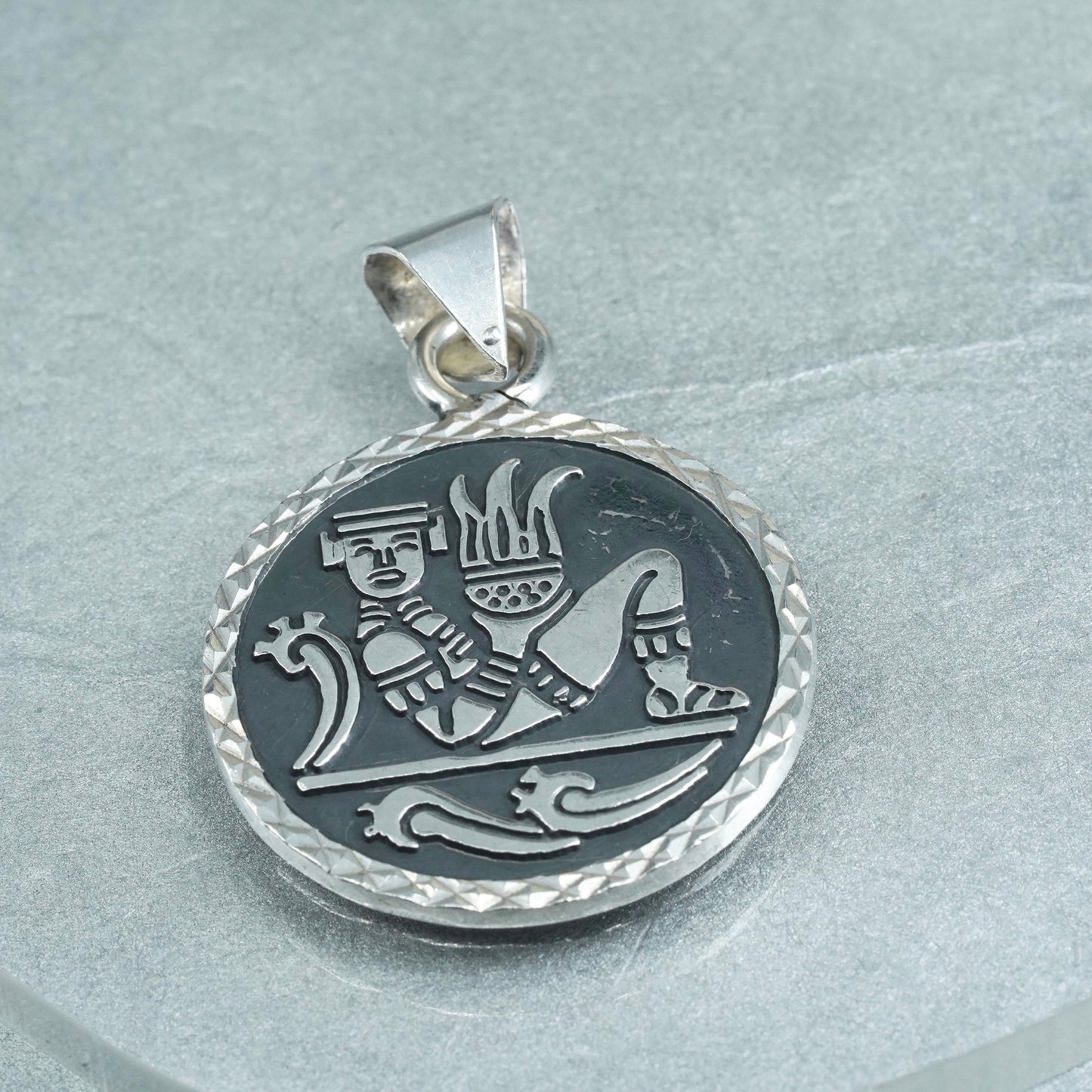 Vintage Mexico sterling 925 silver handmade embossed mayan figure pendant charm