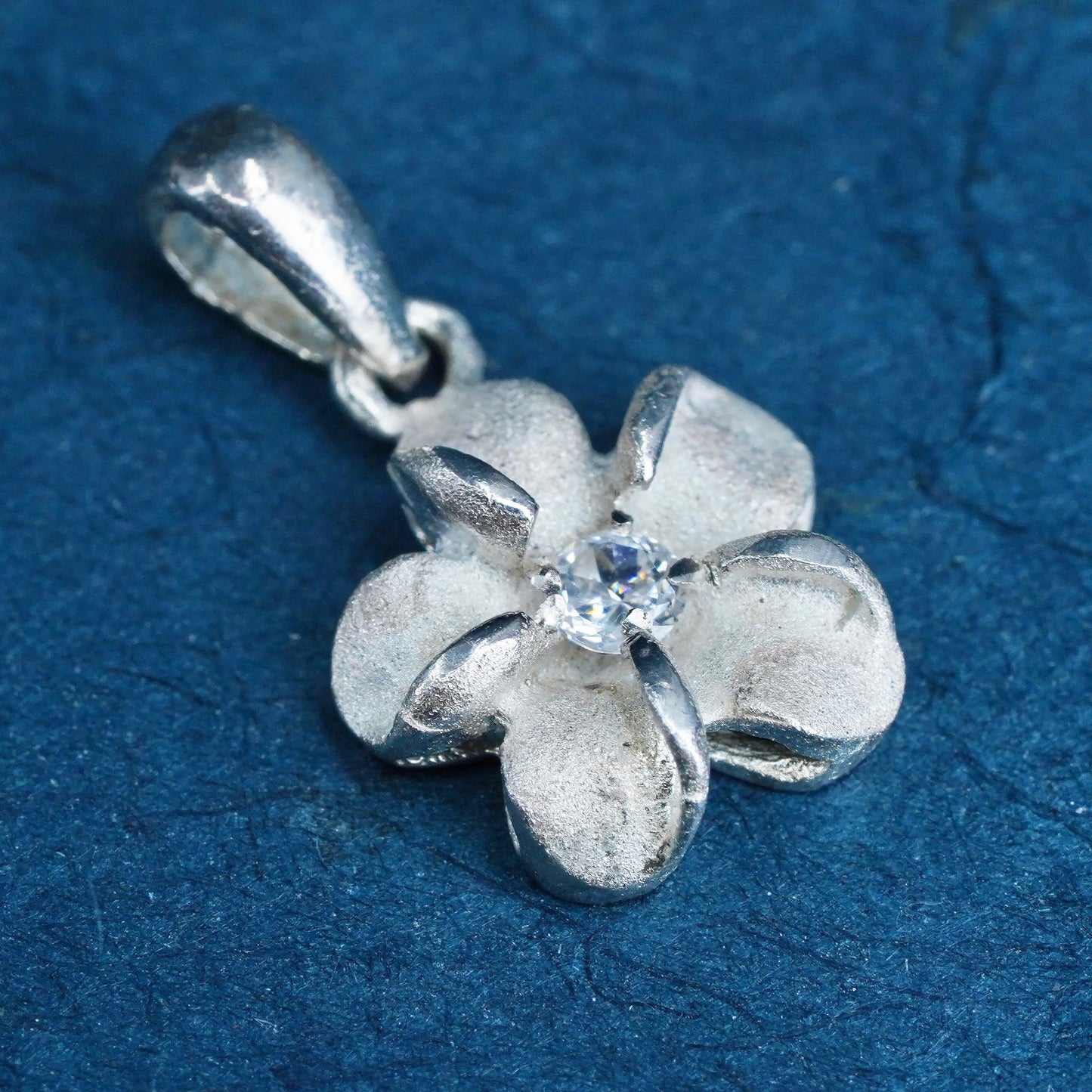 Vintage Sterling silver handmade pendant, 925 plumeria flower with cz