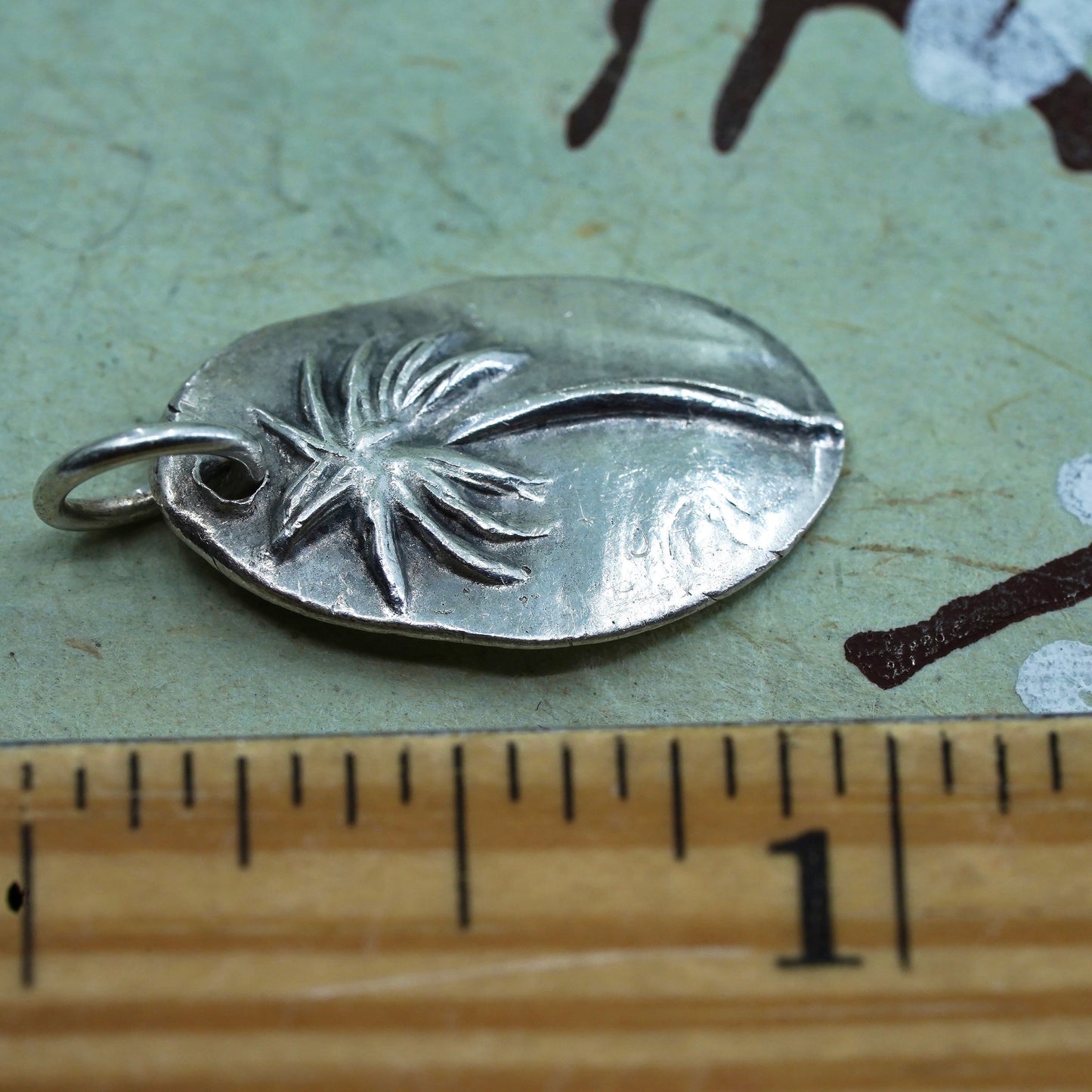 Vintage sterling silver handmade pendant, 925 palm tree tag charm