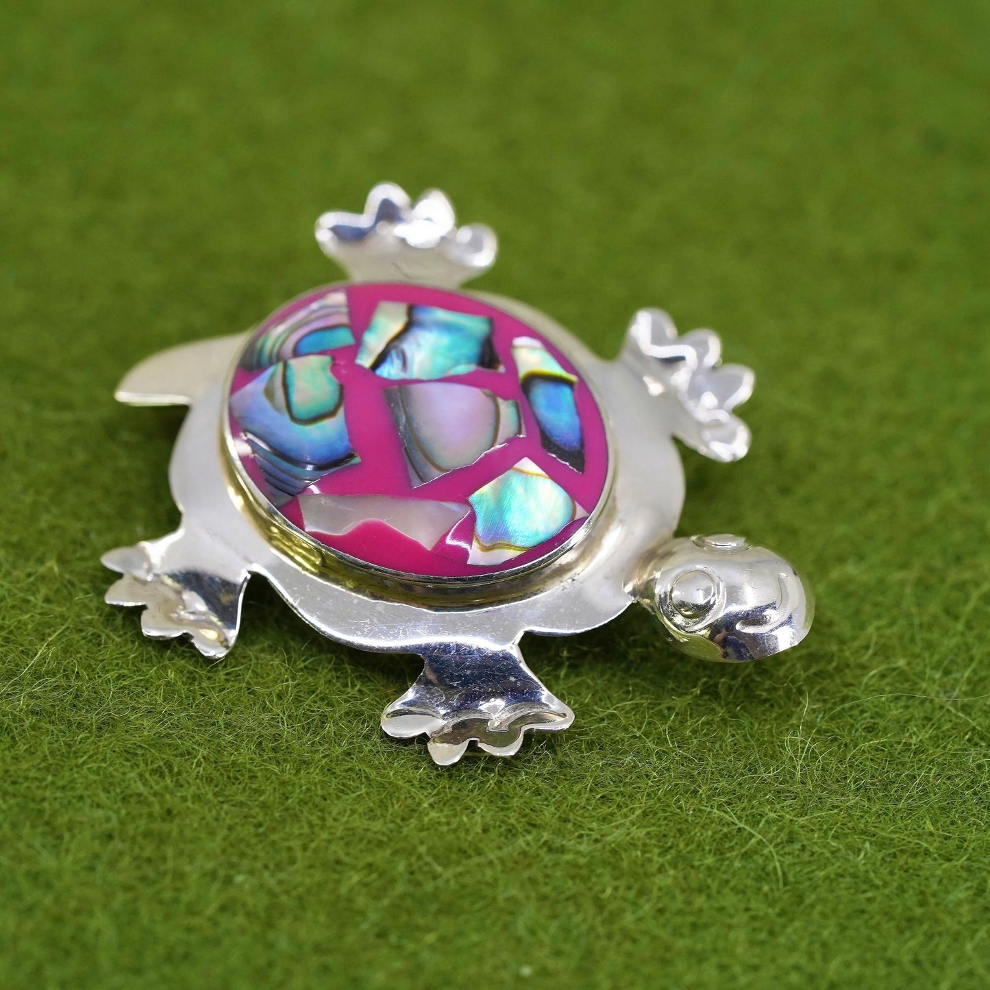 Vintage Mexican sterling 925 silver handmade pink turtle brooch abalone inlay